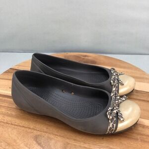 Crocs Cap Toe Flats Womens 7 Leopard Print Bow Brown Rubber Slip On Comfort